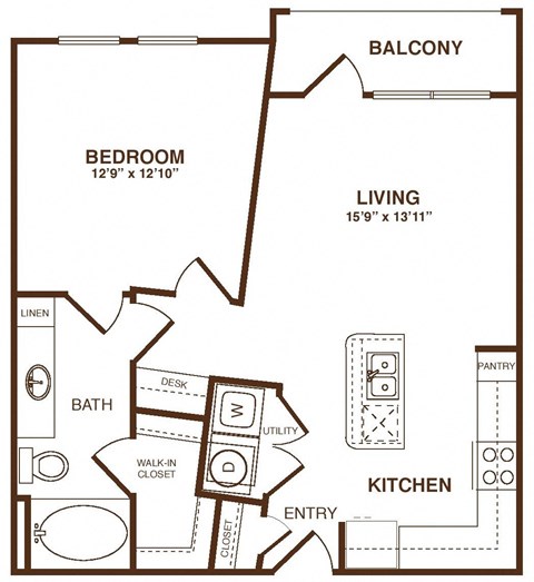 Floor plan for 1 bed, 1 bath, 679 sqft